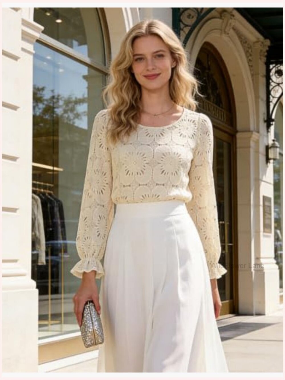 Elegant Eyelet Lace Long Sleeve Top Dressy Casual Blouse Office Shirt - Picture 2 of 7